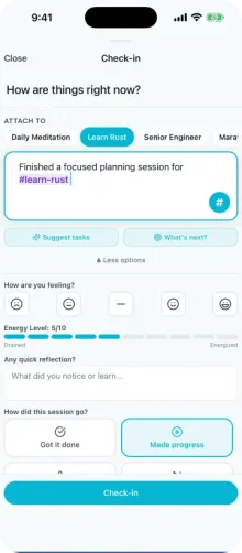 Annet check-in: a natural-language update attached to Learn Rust, with mood and energy