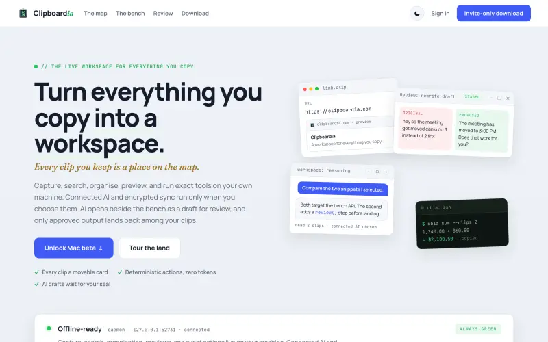 Clipboardia workspace: clips as cards, a review draft, and a local CLI tool