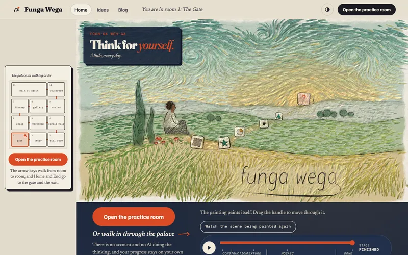 Funga Wega homepage: a painted puzzle path and the invitation to think for yourself, a little every day