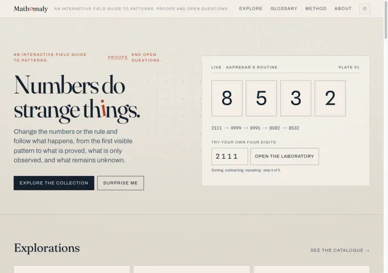 Mathomaly homepage with an interactive Kaprekar number routine and a catalogue of mathematical explorations