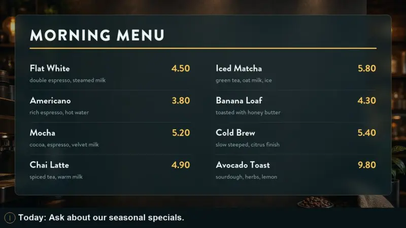 Mwenje cafe menu board with morning drinks, prices, and a seasonal special