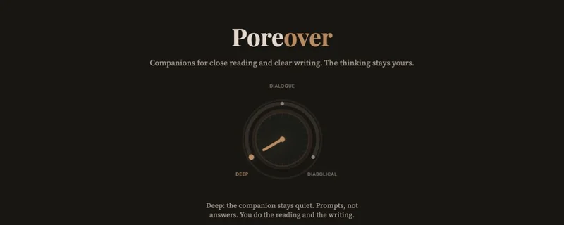 Poreover homepage with its close reading and clear writing tagline and AI assistance dial