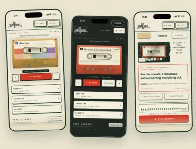 Three complete Selfime phone previews showing a recorded practice, dark mode, and read-along recording
