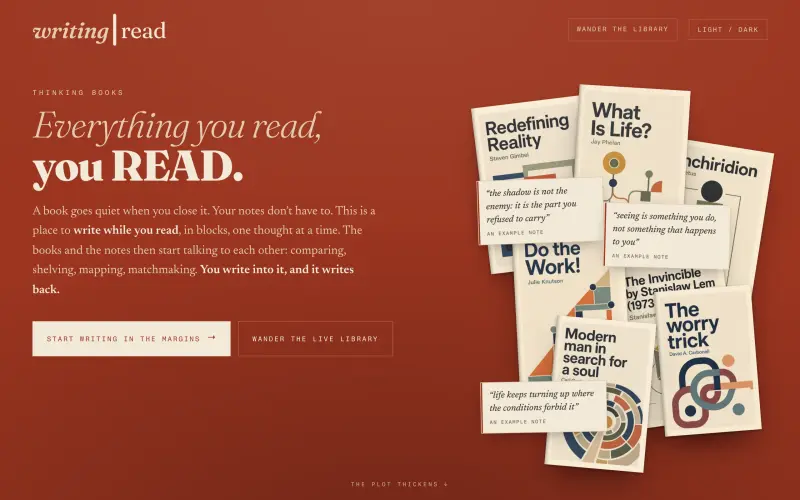 Writing Read homepage: book covers and margin notes on a rust-coloured library